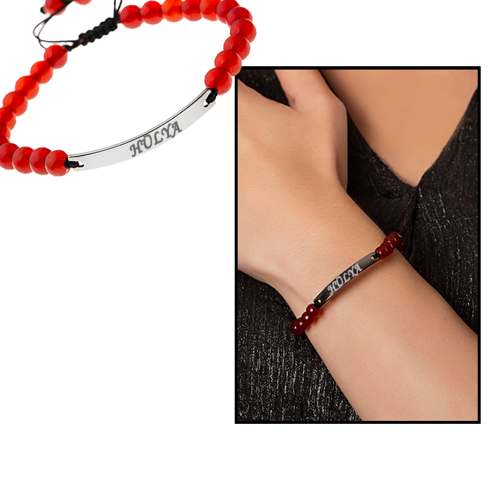 Kişiye Özel İsim Yazılı Kırmızı Akik Doğaltaş Çelik Kombinli Unisex Bileklik - 1