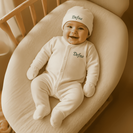 İsme Özel Nakışlı Krem 3 lü Bebek Tulum Seti - Tesbihane