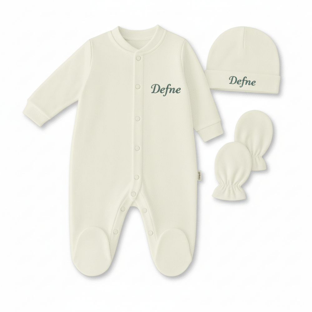 İsme Özel Nakışlı Krem 3 lü Bebek Tulum Seti - 4
