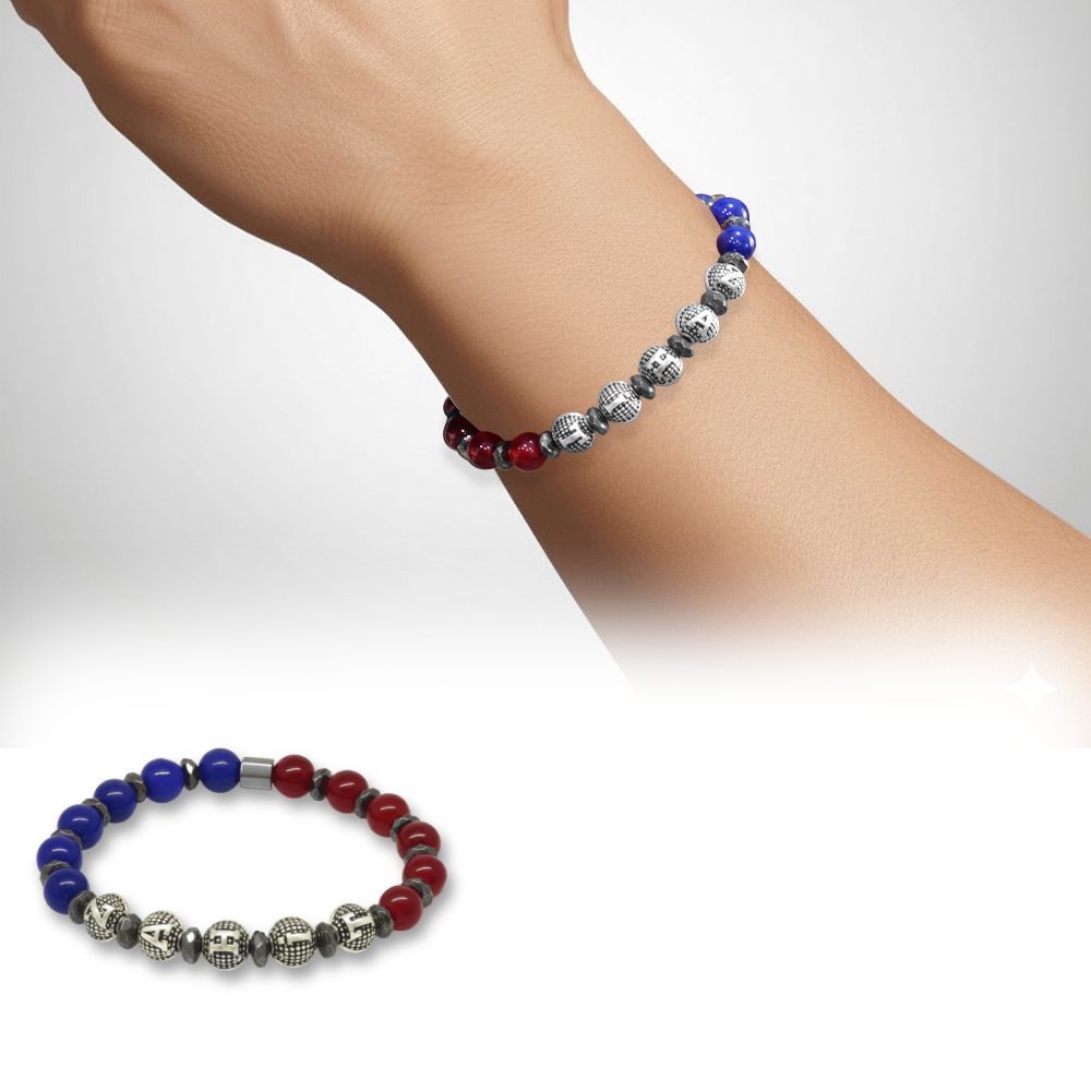 İsme Özel Yazılı Küre Kesim Bordo Mavi Jade Hematit Doğaltaş Erkek Taraftar Bileklik - 1