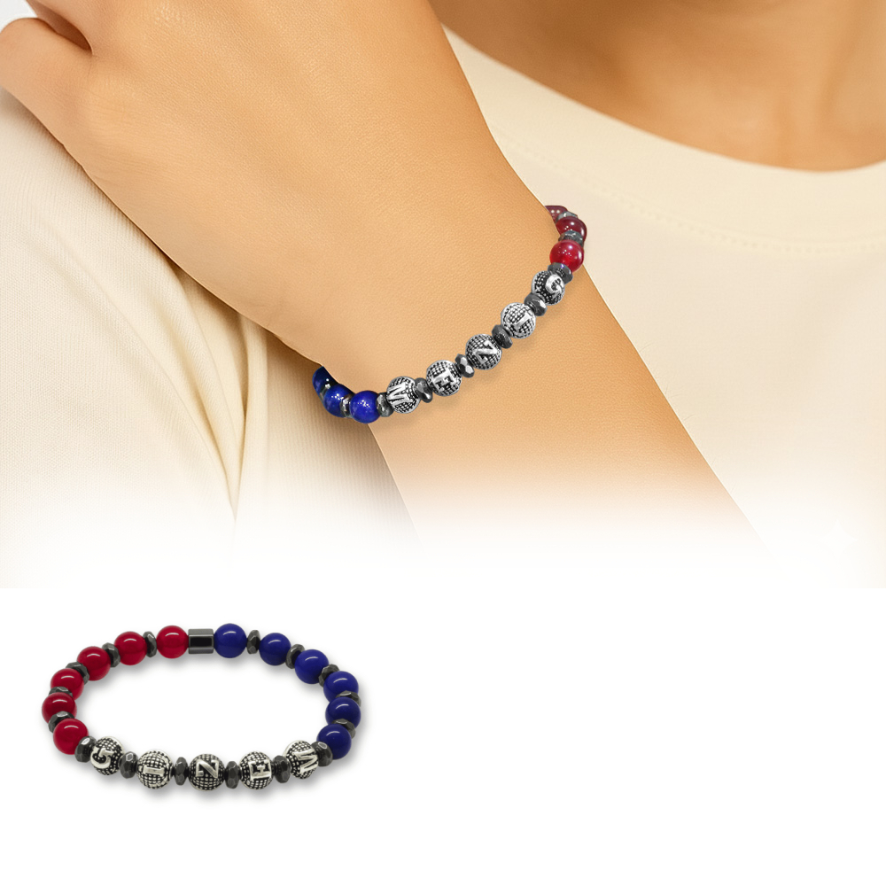 İsme Özel Yazılı Küre Kesim Bordo Mavi Jade Hematit Doğaltaş Kadın Taraftar Bileklik - 1