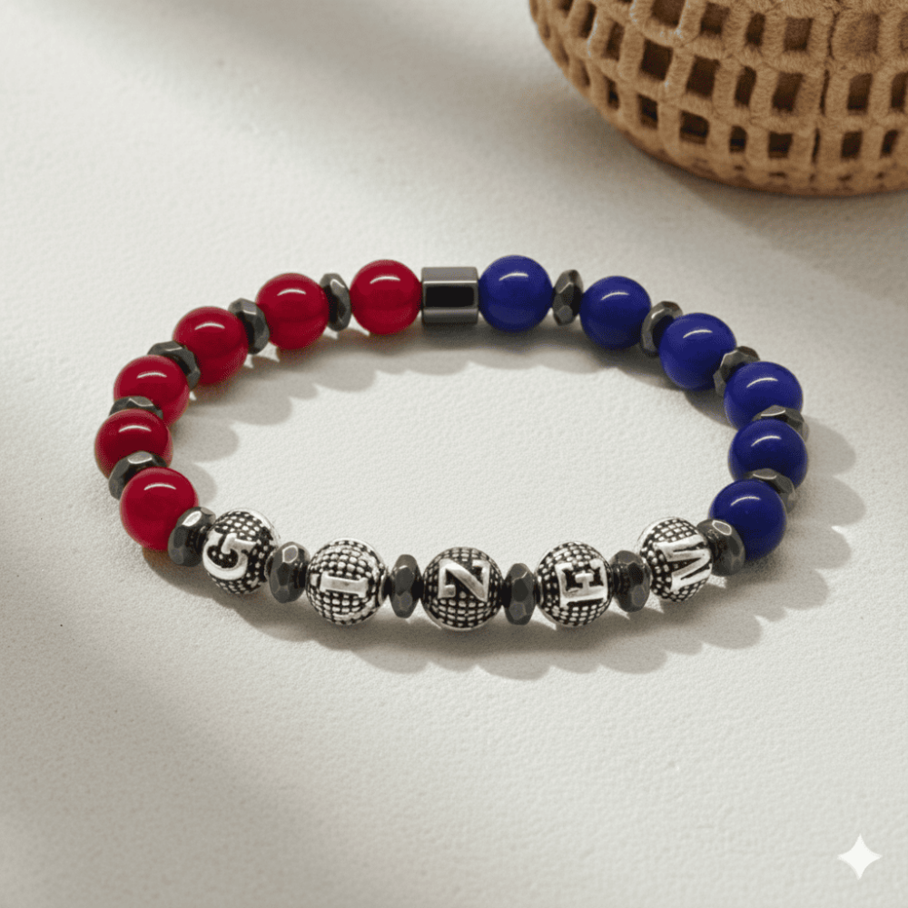 İsme Özel Yazılı Küre Kesim Bordo Mavi Jade Hematit Doğaltaş Kadın Taraftar Bileklik - 3