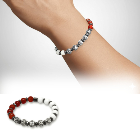 İsme Özel Yazılı Küre Kesim Kırmızı Beyaz Jade Akik Hematit Doğaltaş Erkek Taraftar Bileklik - Tesbihane