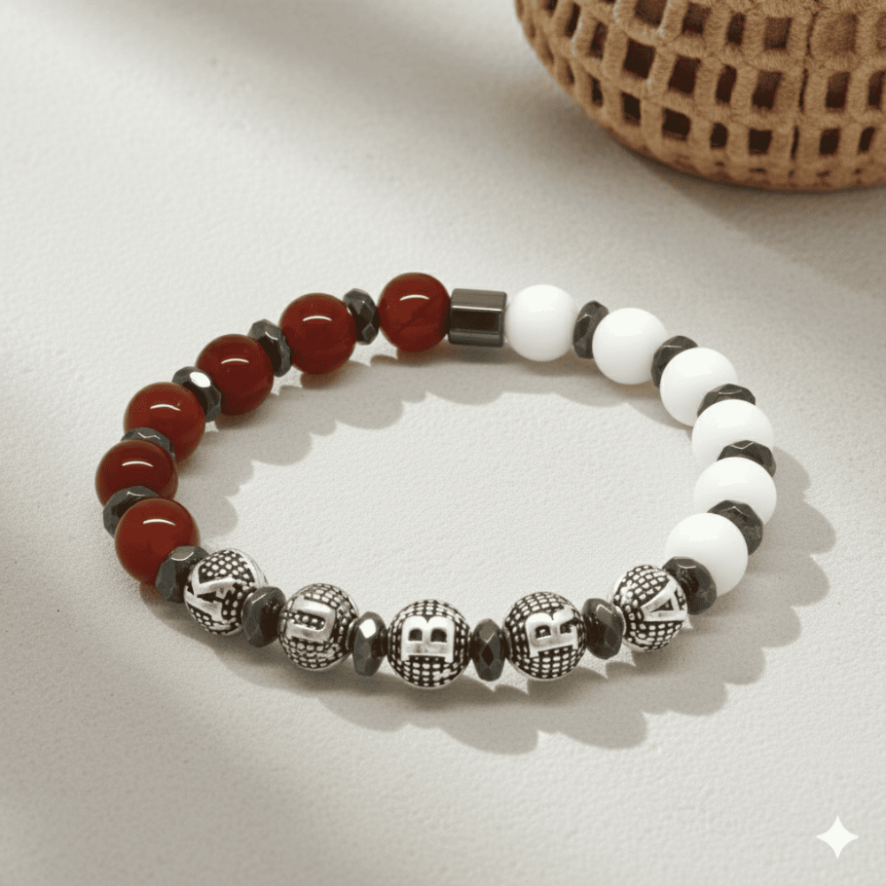 İsme Özel Yazılı Küre Kesim Kırmızı Beyaz Jade Akik Hematit Doğaltaş Erkek Taraftar Bileklik - 3