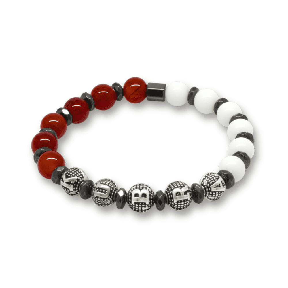 İsme Özel Yazılı Küre Kesim Kırmızı Beyaz Jade Akik Hematit Doğaltaş Erkek Taraftar Bileklik - 4