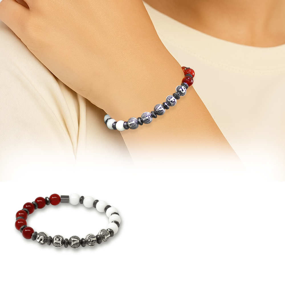 İsme Özel Yazılı Küre Kesim Kırmızı Beyaz Jade Akik Hematit Doğaltaş Kadın Taraftar Bileklik - 1