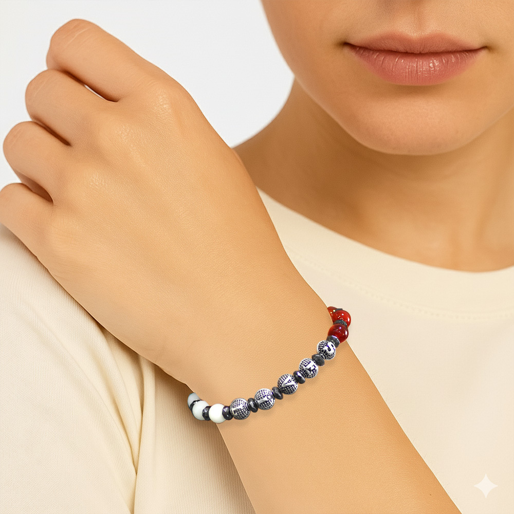 İsme Özel Yazılı Küre Kesim Kırmızı Beyaz Jade Akik Hematit Doğaltaş Kadın Taraftar Bileklik - 2