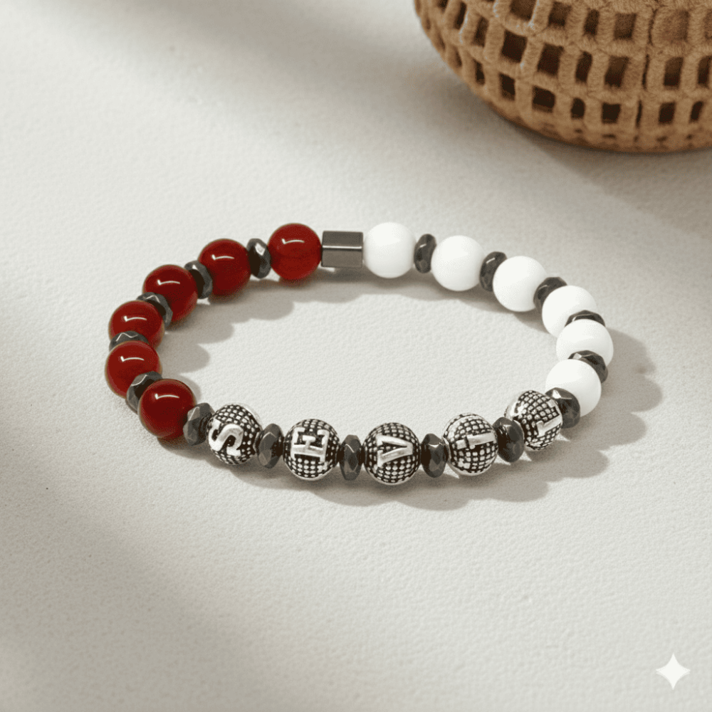 İsme Özel Yazılı Küre Kesim Kırmızı Beyaz Jade Akik Hematit Doğaltaş Kadın Taraftar Bileklik - 3