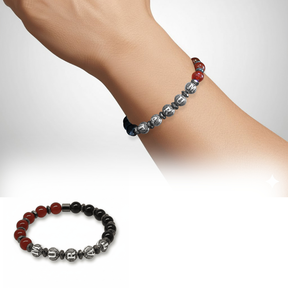 İsme Özel Yazılı Küre Kesim Kırmızı Siyah Akik Oniks Hematit Doğaltaş Erkek Taraftar Bileklik - 1