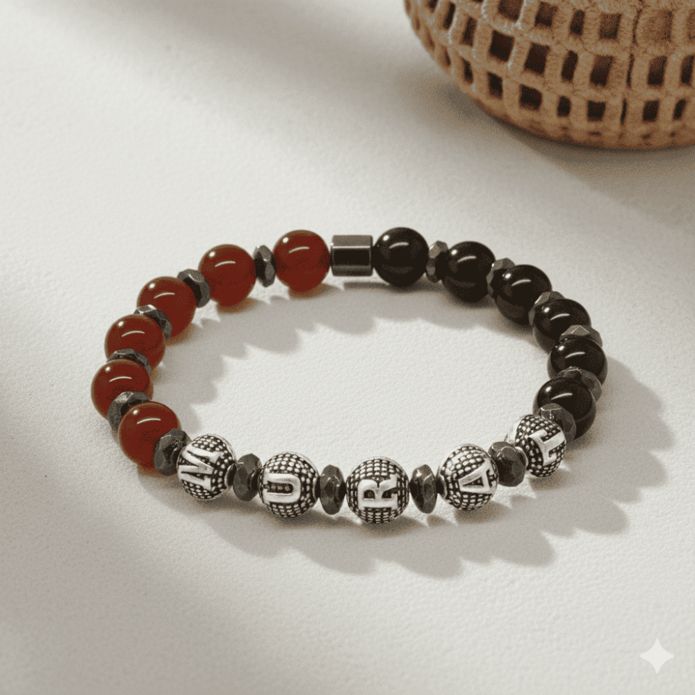 İsme Özel Yazılı Küre Kesim Kırmızı Siyah Akik Oniks Hematit Doğaltaş Erkek Taraftar Bileklik - 3