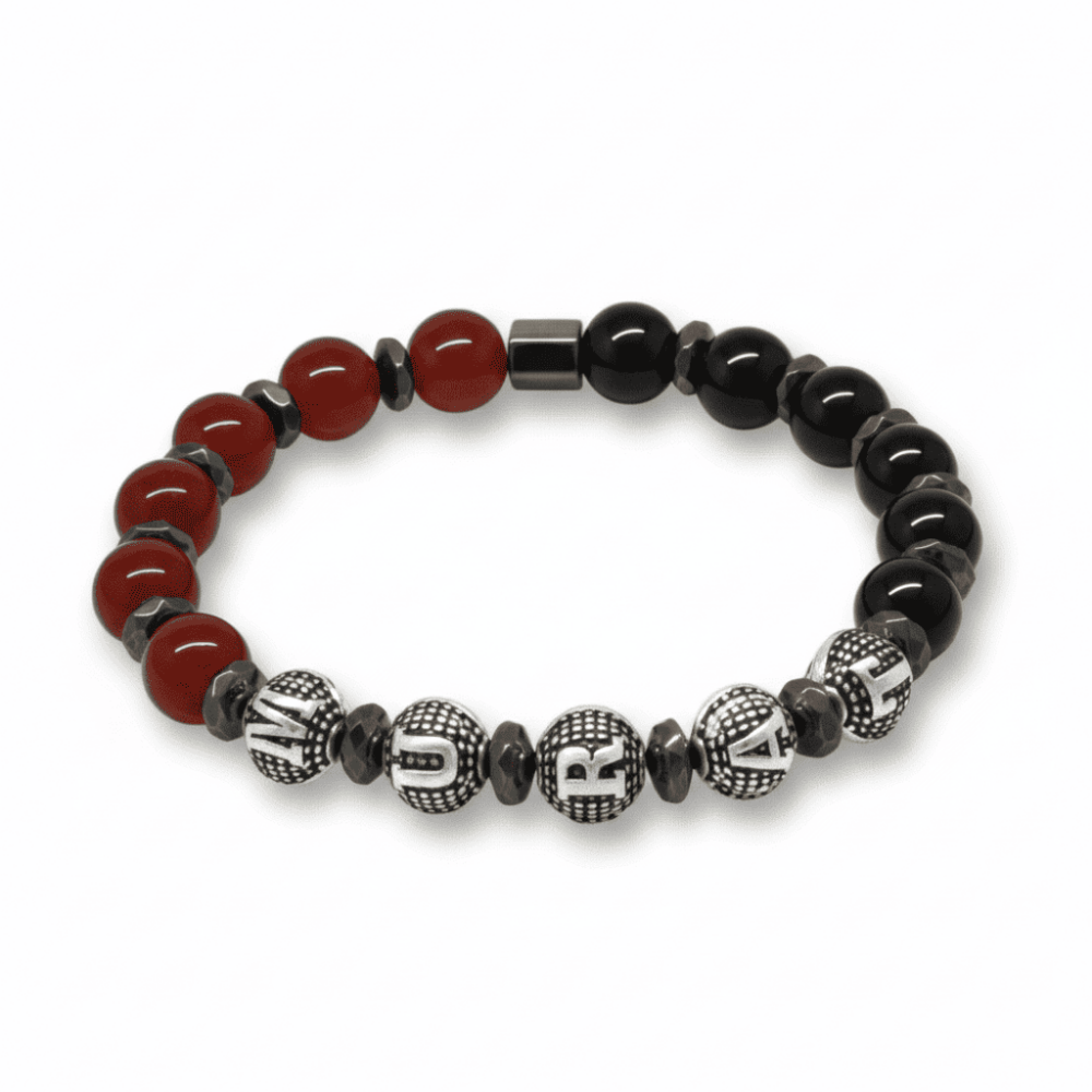 İsme Özel Yazılı Küre Kesim Kırmızı Siyah Akik Oniks Hematit Doğaltaş Erkek Taraftar Bileklik - 4