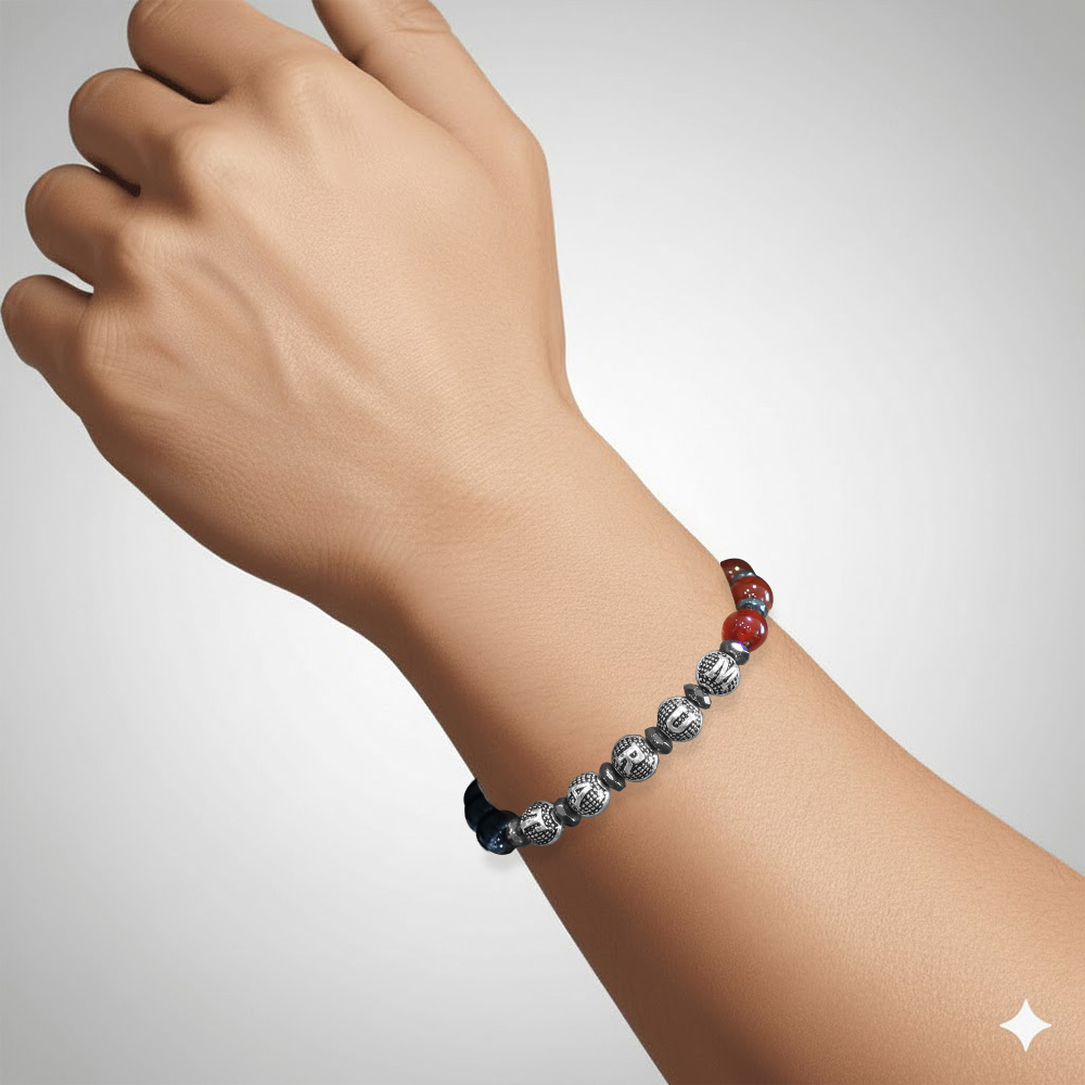 İsme Özel Yazılı Küre Kesim Kırmızı Siyah Akik Oniks Hematit Doğaltaş Erkek Taraftar Bileklik - 2