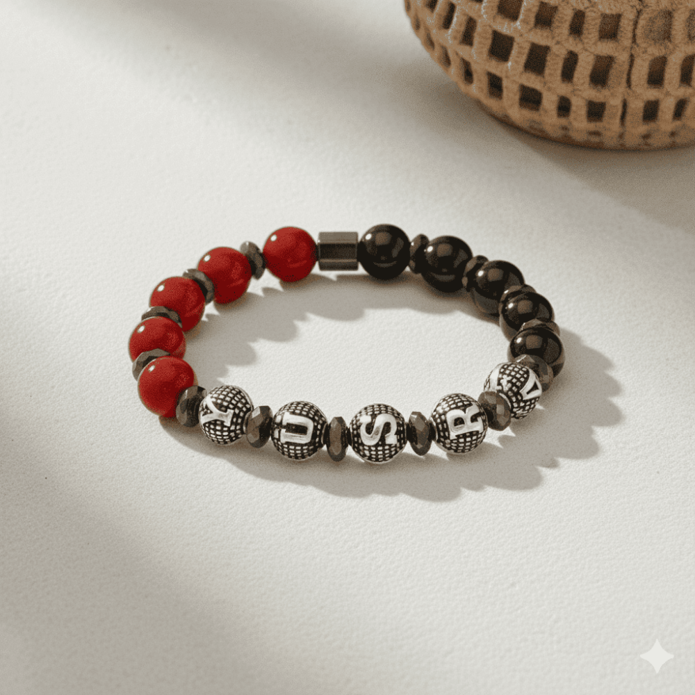 İsme Özel Yazılı Küre Kesim Kırmızı Siyah Akik Oniks Hematit Doğaltaş Kadın Taraftar Bileklik - 3