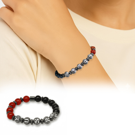 İsme Özel Yazılı Küre Kesim Kırmızı Siyah Akik Oniks Hematit Doğaltaş Kadın Taraftar Bileklik - Tesbihane