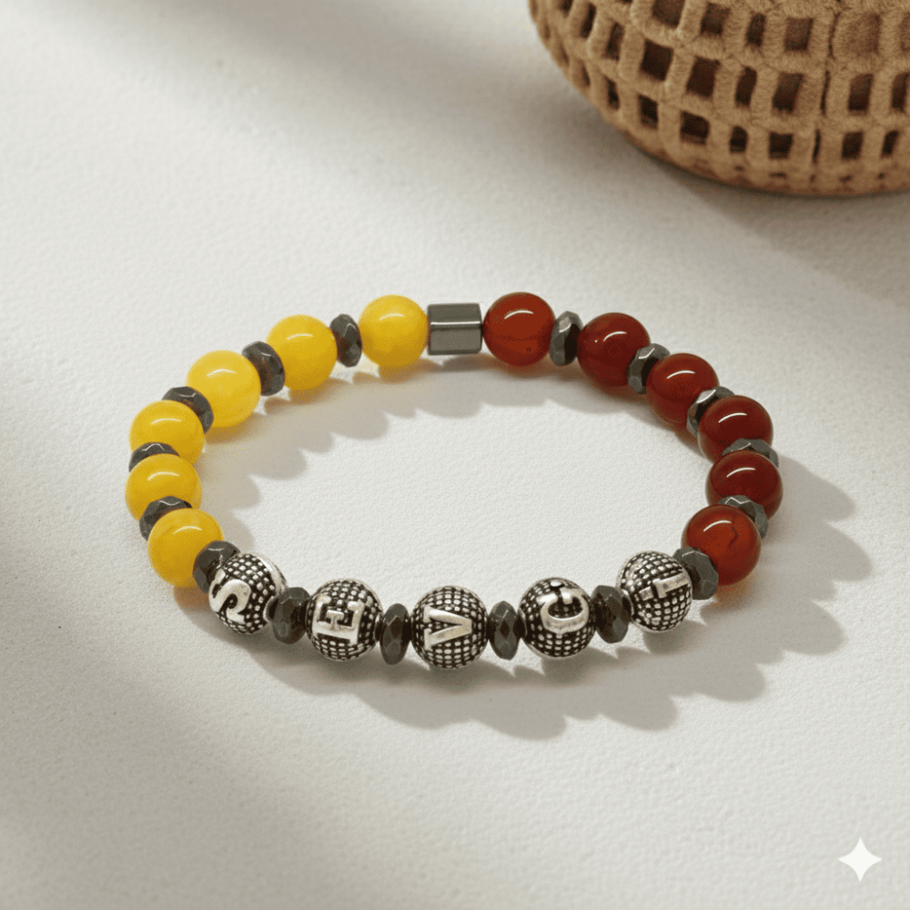 İsme Özel Yazılı Küre Kesim Sarı Kırmızı Jade Akik Hematit Doğaltaş Erkek Taraftar Bileklik - 3