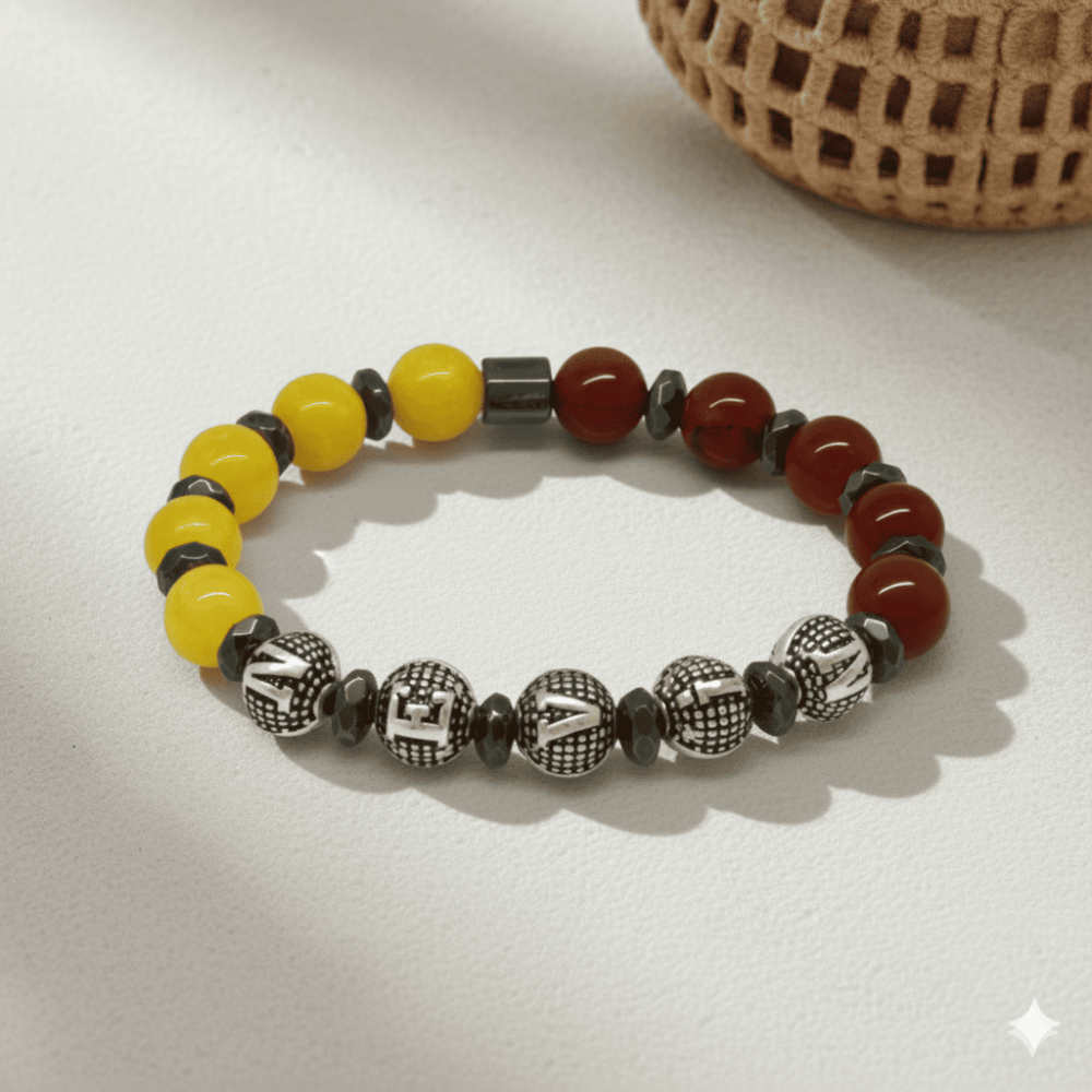 İsme Özel Yazılı Küre Kesim Sarı Kırmızı Jade Akik Hematit Doğaltaş Kadın Taraftar Bileklik - 3