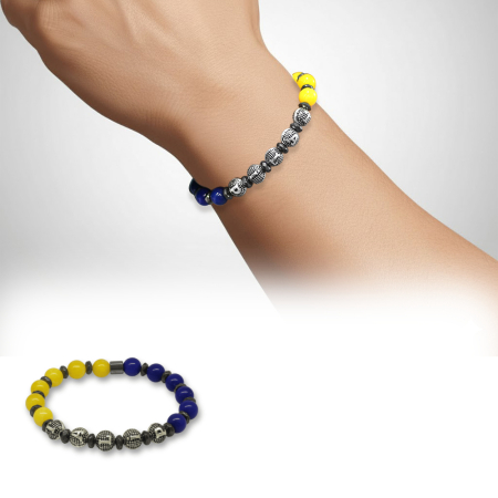 İsme Özel Yazılı Küre Kesim Sarı Lacivert Jade Hematit Doğaltaş Erkek Taraftar Bileklik - Tesbihane