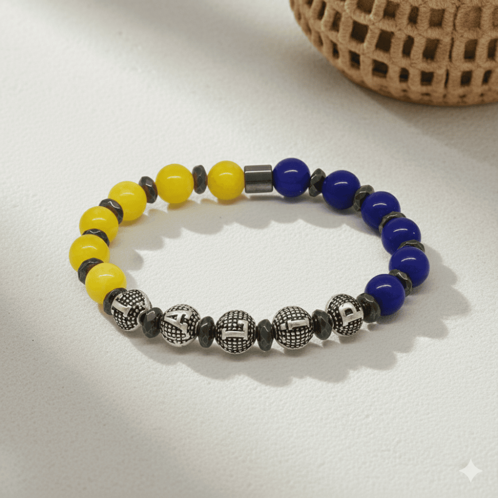 İsme Özel Yazılı Küre Kesim Sarı Lacivert Jade Hematit Doğaltaş Erkek Taraftar Bileklik - 3