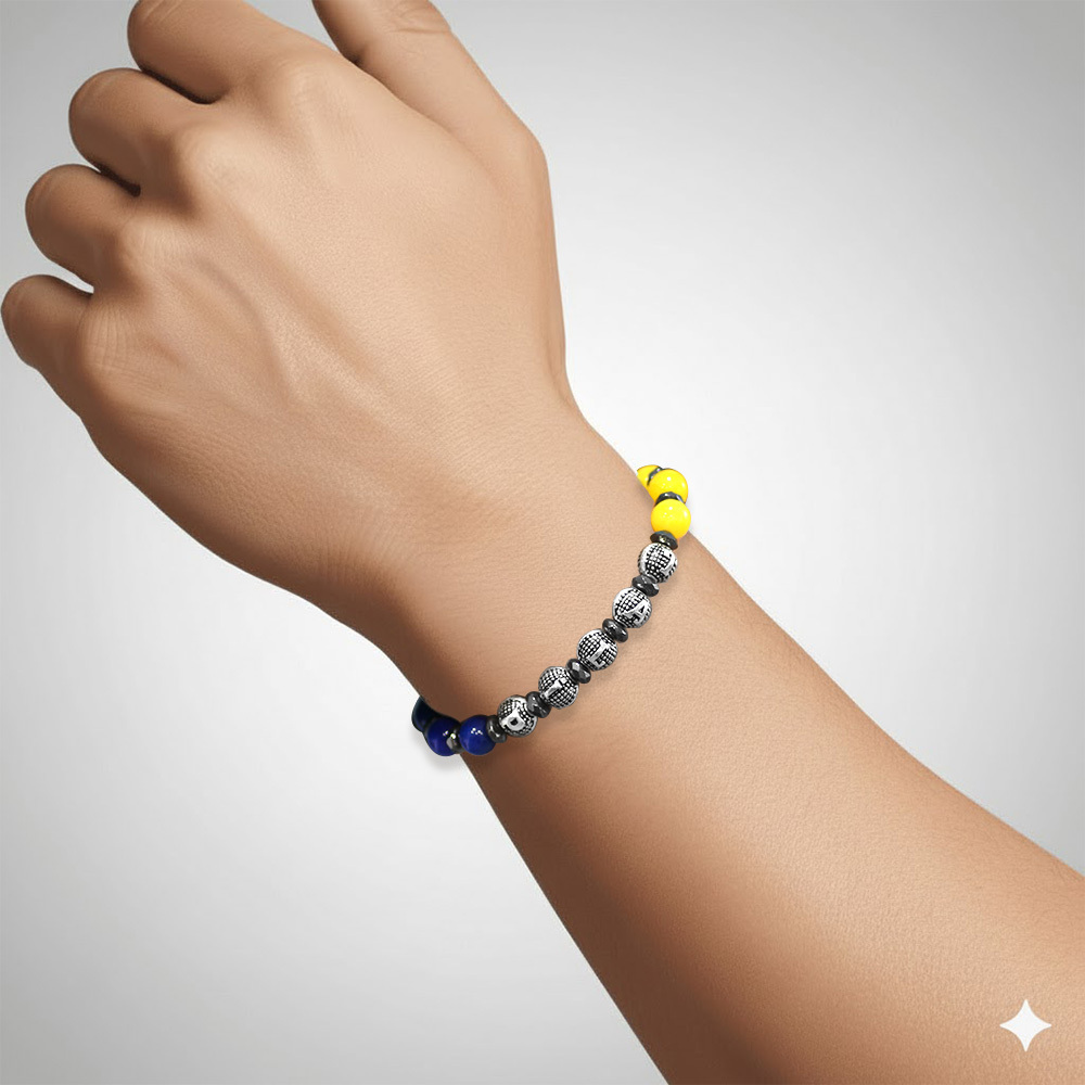 İsme Özel Yazılı Küre Kesim Sarı Lacivert Jade Hematit Doğaltaş Erkek Taraftar Bileklik - 2