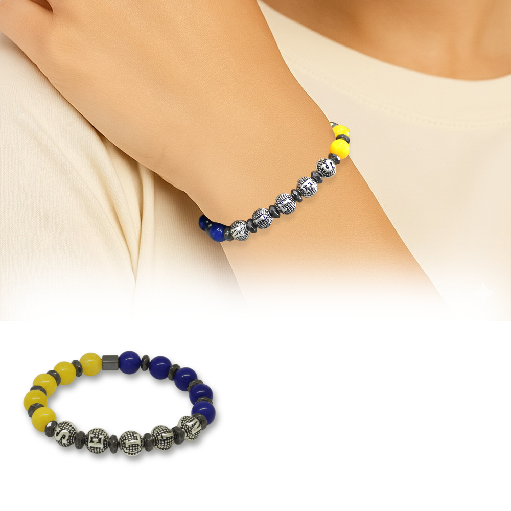 İsme Özel Yazılı Küre Kesim Sarı Lacivert Jade Hematit Doğaltaş Kadın Taraftar Bileklik - 1