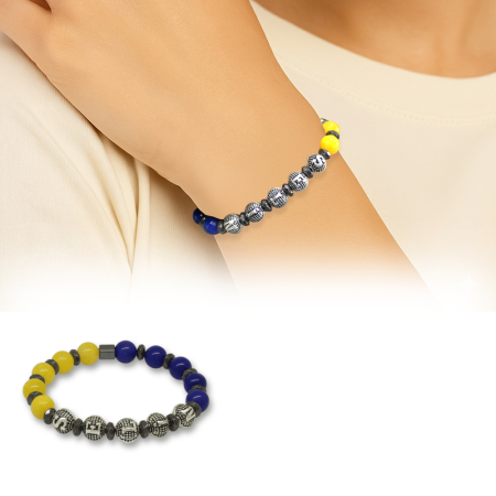 İsme Özel Yazılı Küre Kesim Sarı Lacivert Jade Hematit Doğaltaş Kadın Taraftar Bileklik - Tesbihane