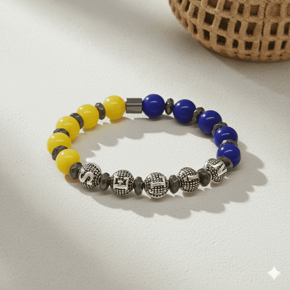 İsme Özel Yazılı Küre Kesim Sarı Lacivert Jade Hematit Doğaltaş Kadın Taraftar Bileklik - 3