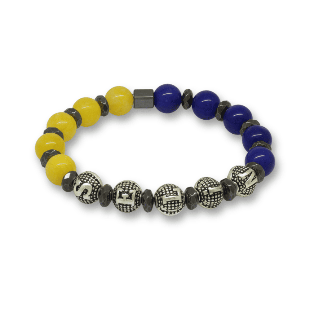 İsme Özel Yazılı Küre Kesim Sarı Lacivert Jade Hematit Doğaltaş Kadın Taraftar Bileklik - 4