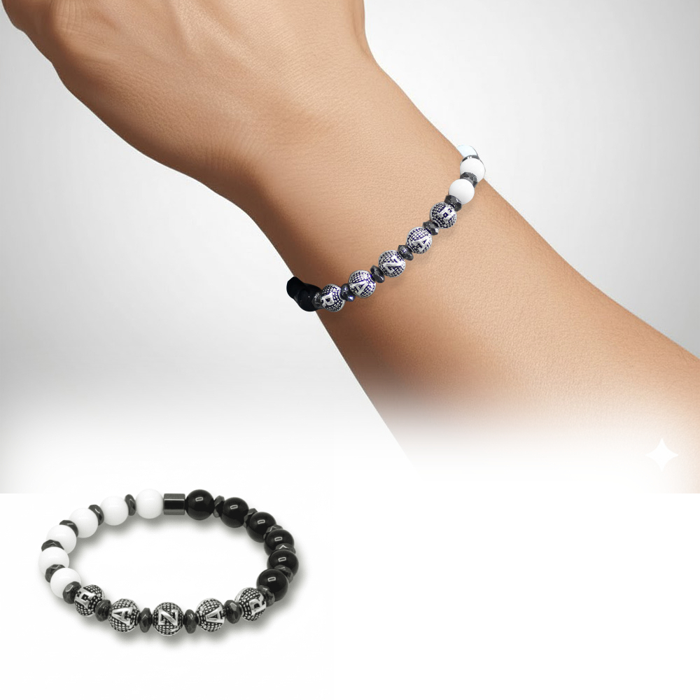 İsme Özel Yazılı Küre Kesim Siyah Beyaz Jade Oniks Hematit Doğaltaş Erkek Taraftar Bileklik - 1