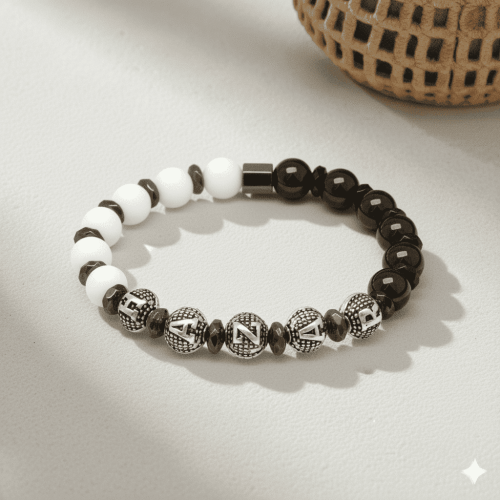 İsme Özel Yazılı Küre Kesim Siyah Beyaz Jade Oniks Hematit Doğaltaş Erkek Taraftar Bileklik - 3