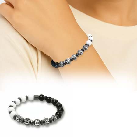 İsme Özel Yazılı Küre Kesim Siyah Beyaz Jade Oniks Hematit Doğaltaş Kadın Taraftar Bileklik - Tesbihane