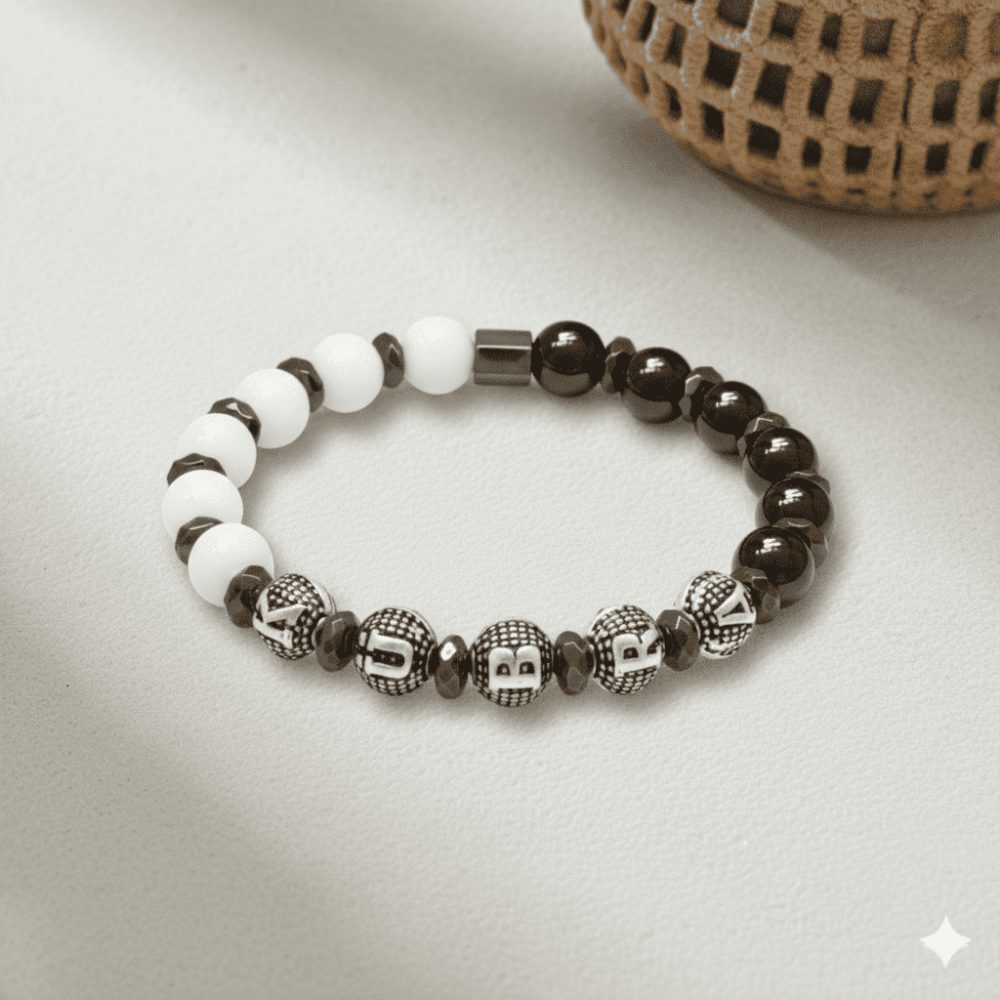 İsme Özel Yazılı Küre Kesim Siyah Beyaz Jade Oniks Hematit Doğaltaş Kadın Taraftar Bileklik - 3