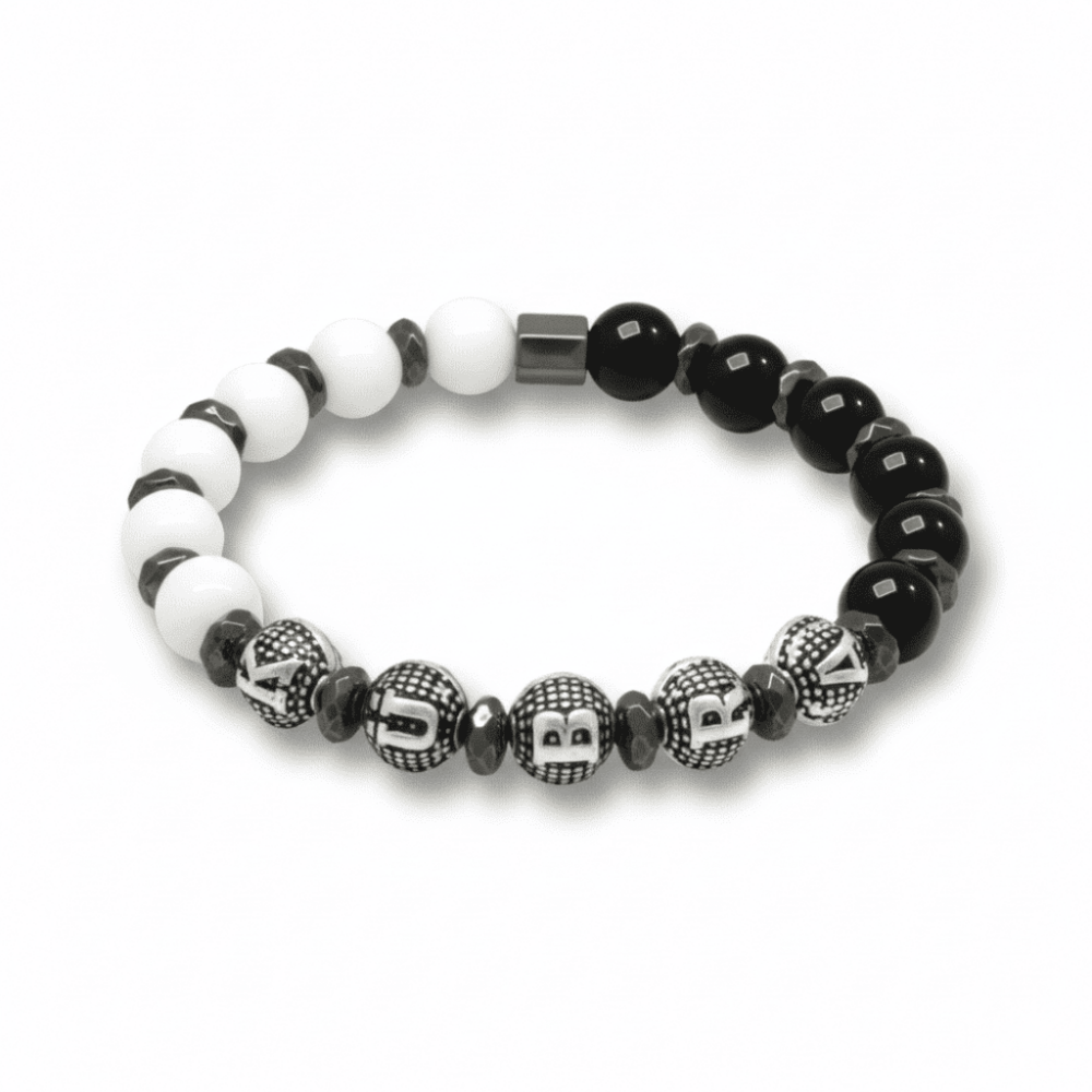 İsme Özel Yazılı Küre Kesim Siyah Beyaz Jade Oniks Hematit Doğaltaş Kadın Taraftar Bileklik - 4
