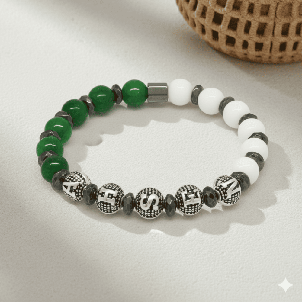 İsme Özel Yazılı Küre Kesim Yeşil Beyaz Jade Hematit Doğaltaş Erkek Taraftar Bileklik - 3