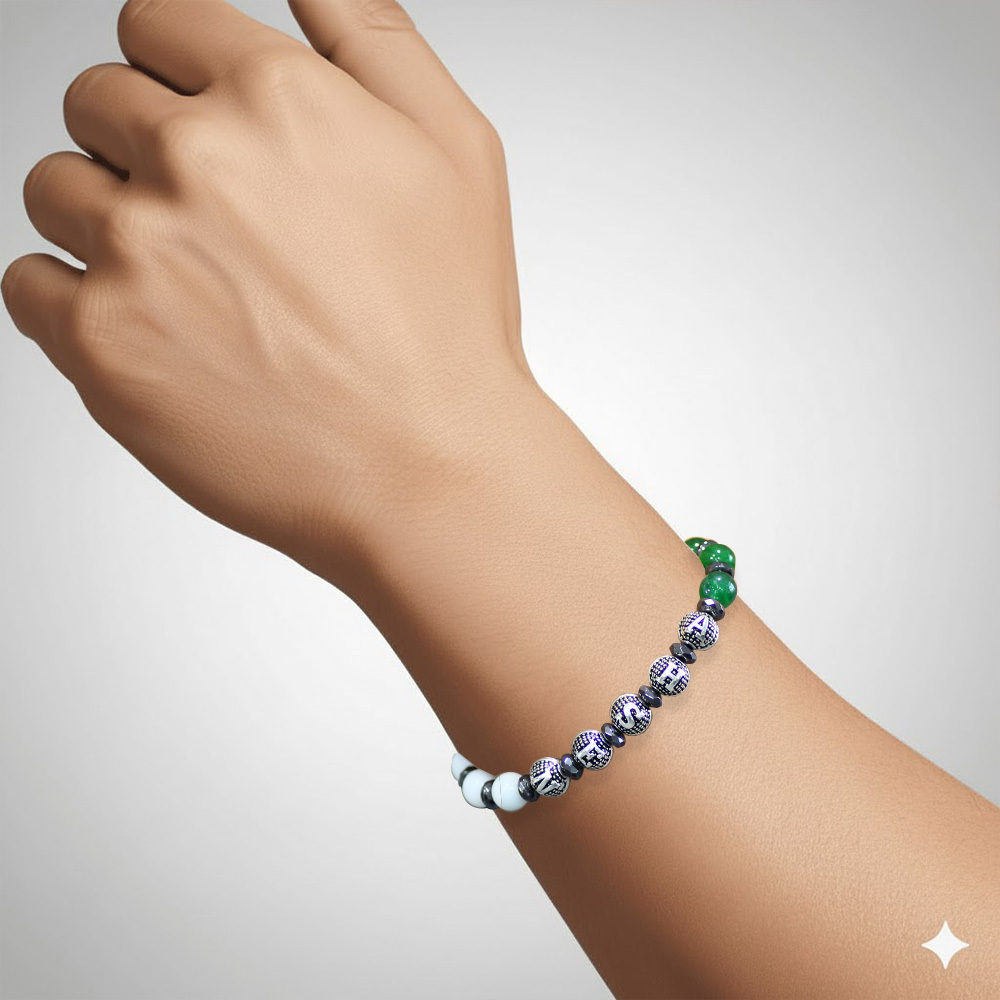 İsme Özel Yazılı Küre Kesim Yeşil Beyaz Jade Hematit Doğaltaş Erkek Taraftar Bileklik - 2