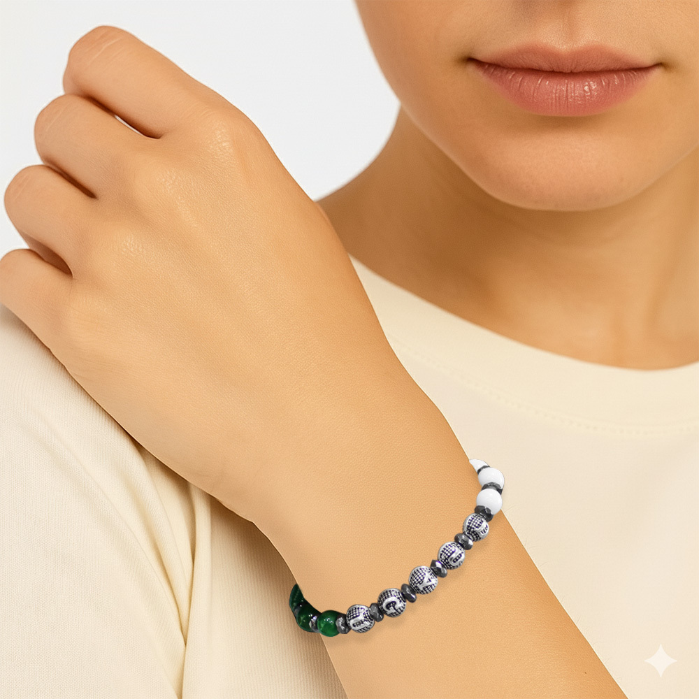 İsme Özel Yazılı Küre Kesim Yeşil Beyaz Jade Hematit Doğaltaş Kadın Taraftar Bileklik - 2