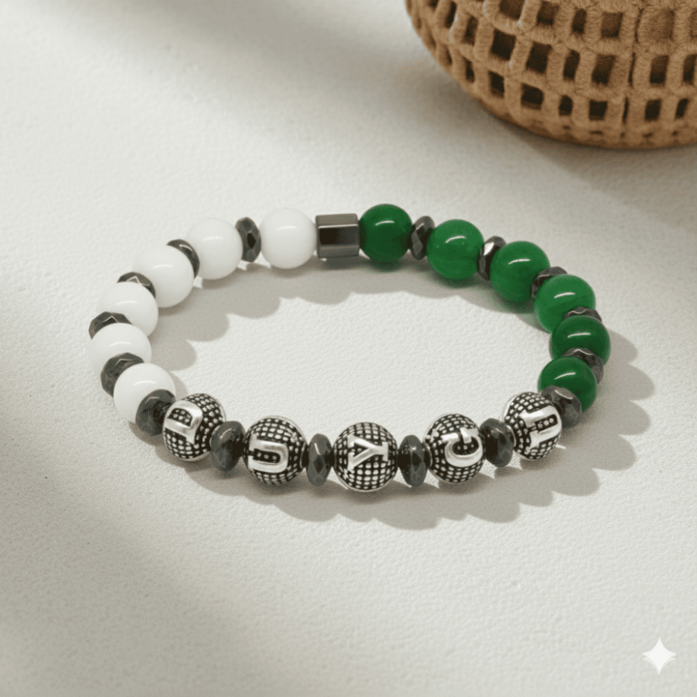 İsme Özel Yazılı Küre Kesim Yeşil Beyaz Jade Hematit Doğaltaş Kadın Taraftar Bileklik - 3