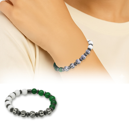İsme Özel Yazılı Küre Kesim Yeşil Beyaz Jade Hematit Doğaltaş Kadın Taraftar Bileklik - Tesbihane