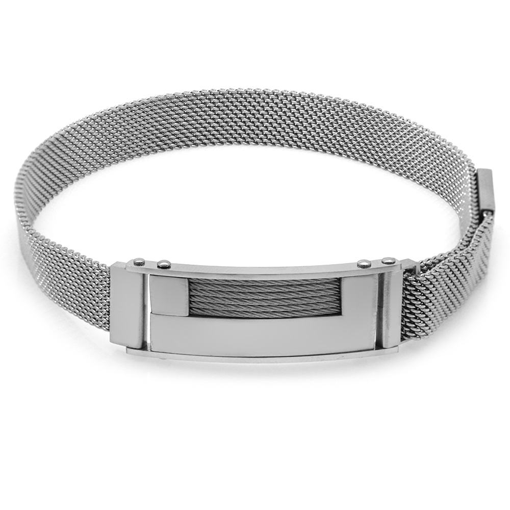 Kişiye Özel İsim Yazılı Magnet Kapamalı Gümüş Renk Çelik Erkek Hasır Bileklik - 4