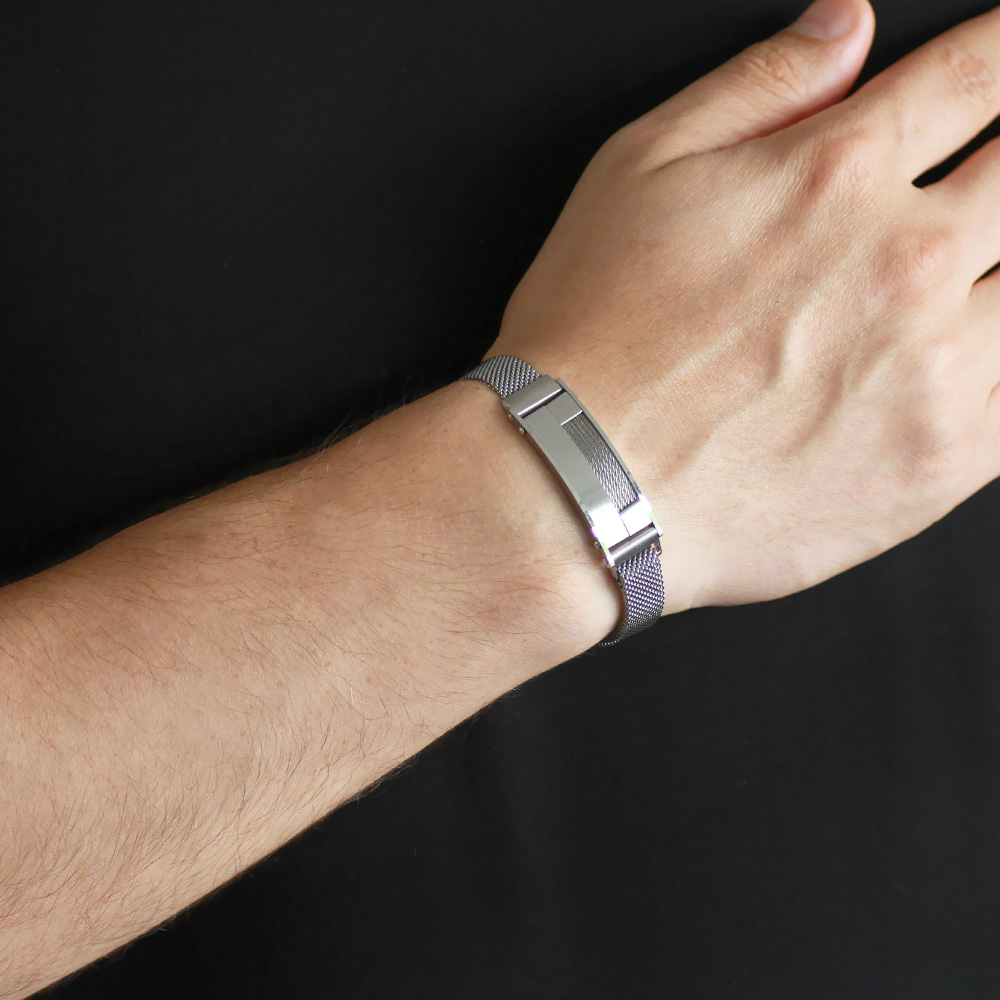 Kişiye Özel İsim Yazılı Magnet Kapamalı Gümüş Renk Çelik Erkek Hasır Bileklik - 2