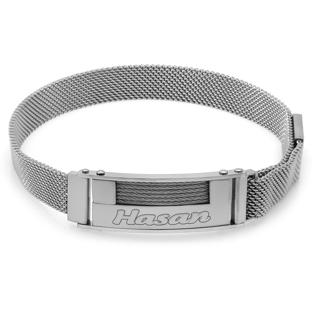 Kişiye Özel İsim Yazılı Magnet Kapamalı Gümüş Renk Çelik Erkek Hasır Bileklik - 3
