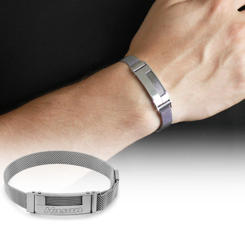 Kişiye Özel İsim Yazılı Magnet Kapamalı Gümüş Renk Çelik Erkek Hasır Bileklik - 1