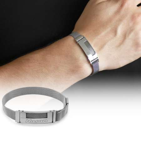 Kişiye Özel İsim Yazılı Magnet Kapamalı Gümüş Renk Çelik Erkek Hasır Bileklik - Tesbihane