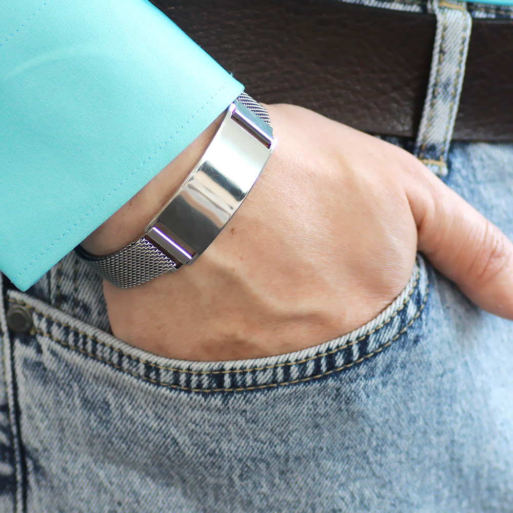 İsme Özel Yazılı Magnet Kapamalı Gümüş Renk Geniş Çelik Erkek Hasır Bileklik - 3