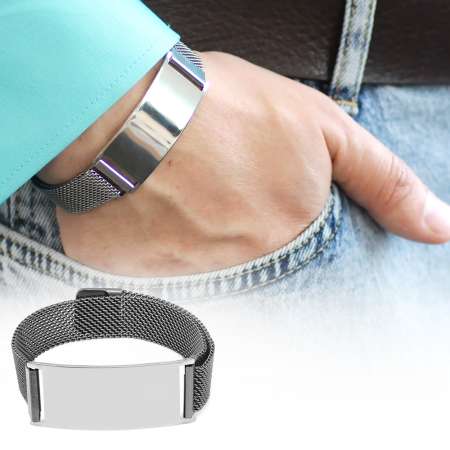 İsme Özel Yazılı Magnet Kapamalı Gümüş Renk Geniş Çelik Erkek Hasır Bileklik - Tesbihane