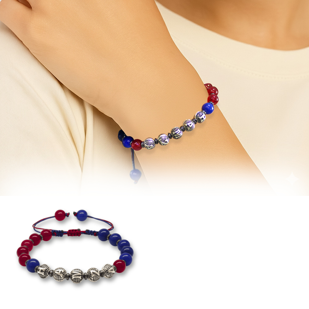 İsme Özel Yazılı Makrome Örgülü Küre Kesim Bordo Mavi Jade Hematit Doğaltaş Kadın Taraftar Bileklik - 1