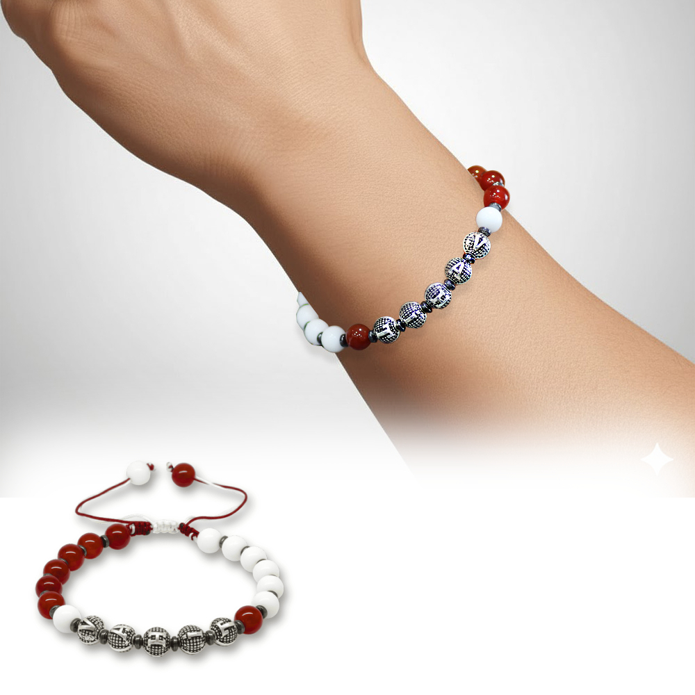 İsme Özel Yazılı Makrome Örgü Küre Kırmızı Beyaz Jade Akik Hematit Doğaltaş Erkek Taraftar Bileklik - 1
