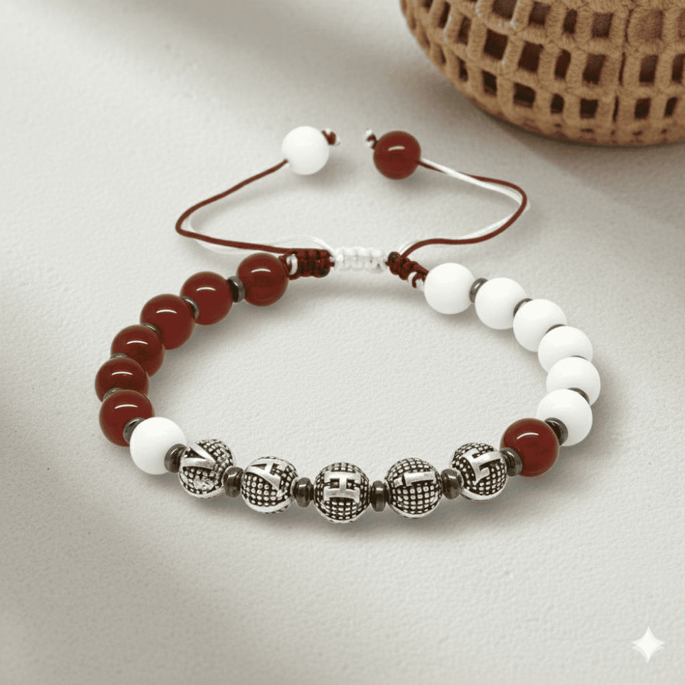 İsme Özel Yazılı Makrome Örgü Küre Kırmızı Beyaz Jade Akik Hematit Doğaltaş Erkek Taraftar Bileklik - 3