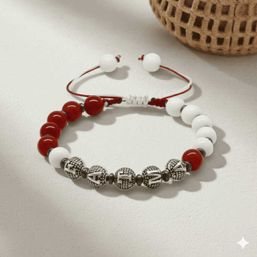 İsme Özel Yazılı Makrome Örgü Küre Kırmızı Beyaz Jade Akik Hematit Doğaltaş Kadın Taraftar Bileklik - 3