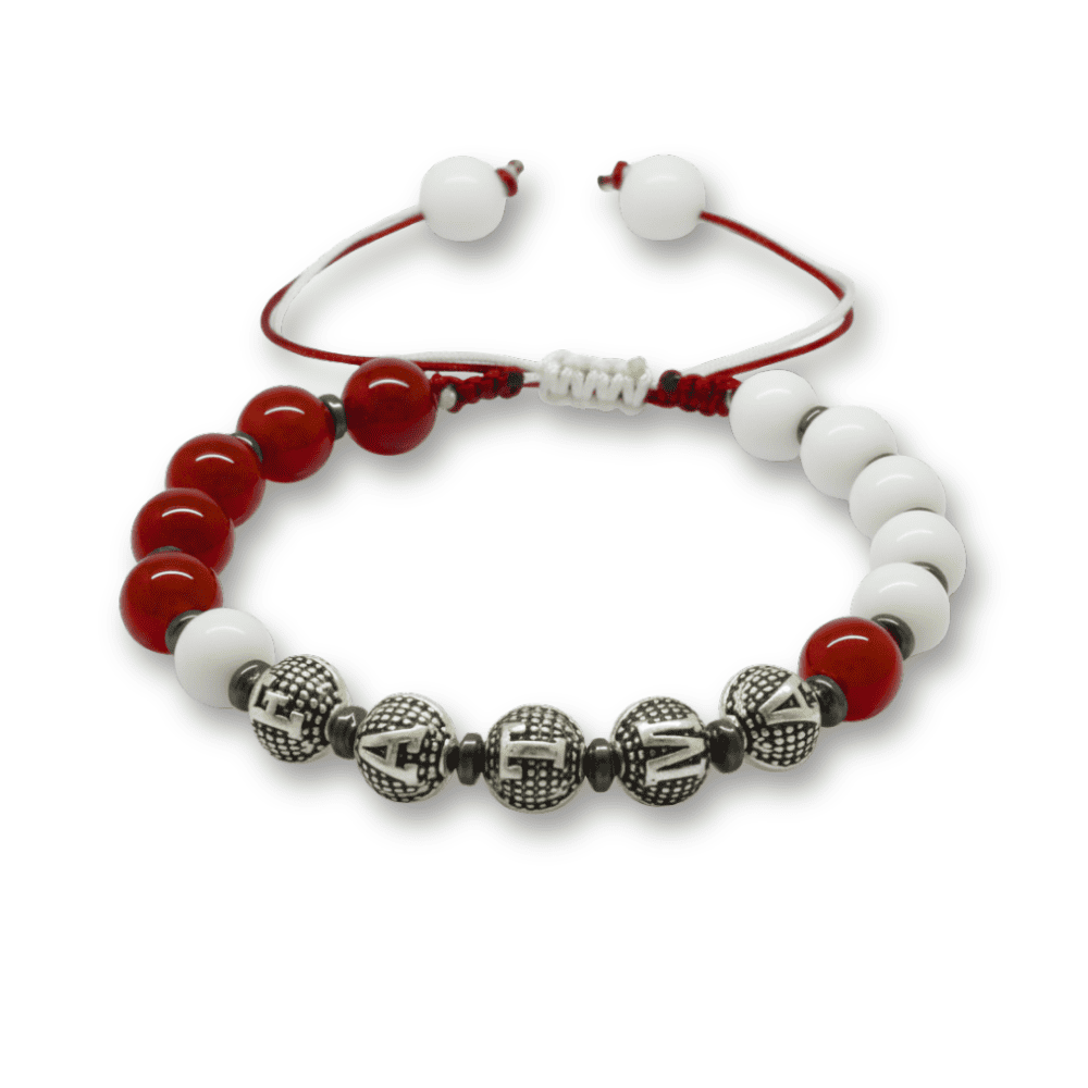 İsme Özel Yazılı Makrome Örgü Küre Kırmızı Beyaz Jade Akik Hematit Doğaltaş Kadın Taraftar Bileklik - 4