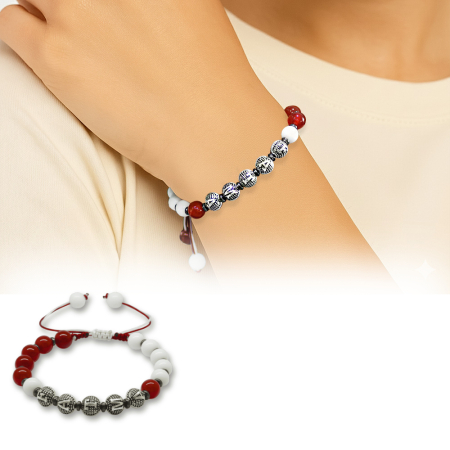 İsme Özel Yazılı Makrome Örgü Küre Kırmızı Beyaz Jade Akik Hematit Doğaltaş Kadın Taraftar Bileklik - Tesbihane